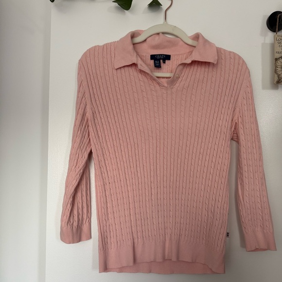 Chaps Light Pink V-Neck Cable Knit Sweater - Picture 2 of 6